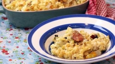 Gegratineerde pasta met venkel, tomaat en chorizo