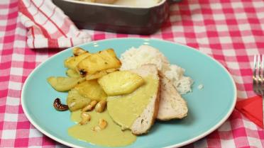 Kalkoenvleesbrood, gele “Belgische” curry, gebakken ananas en rijst