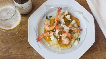 Gamba's diabolique met Griekse pasta