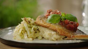 Op vel gebakken zeebaars met pastinaakpuree, tomatensaus en spitskool 