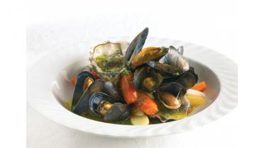 Ragout van stokmosseltjes en Perles Blanches met saffraan en knoflook 