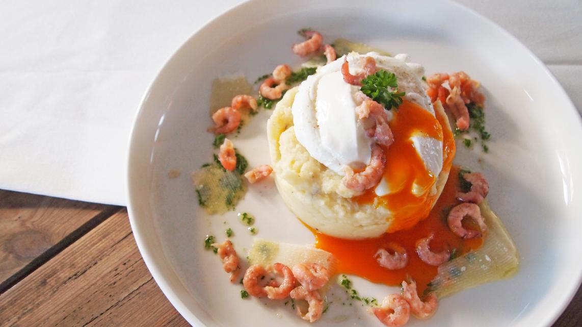 Puree met kaas en garnalen